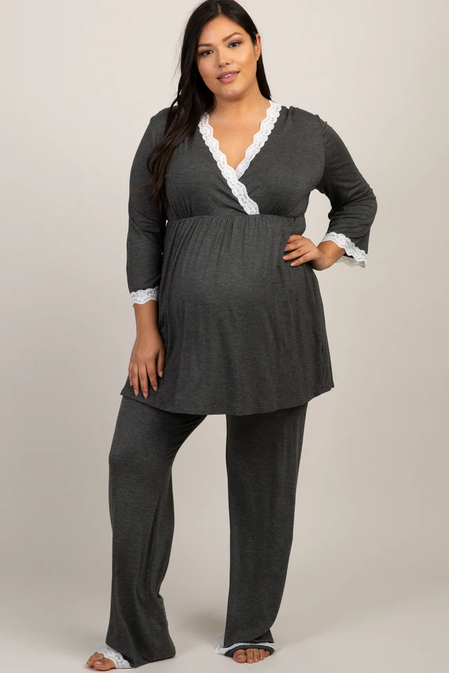 PinkBlush Charcoal Lace Trim Plus Maternity Pajama Set | PinkBlush Maternity