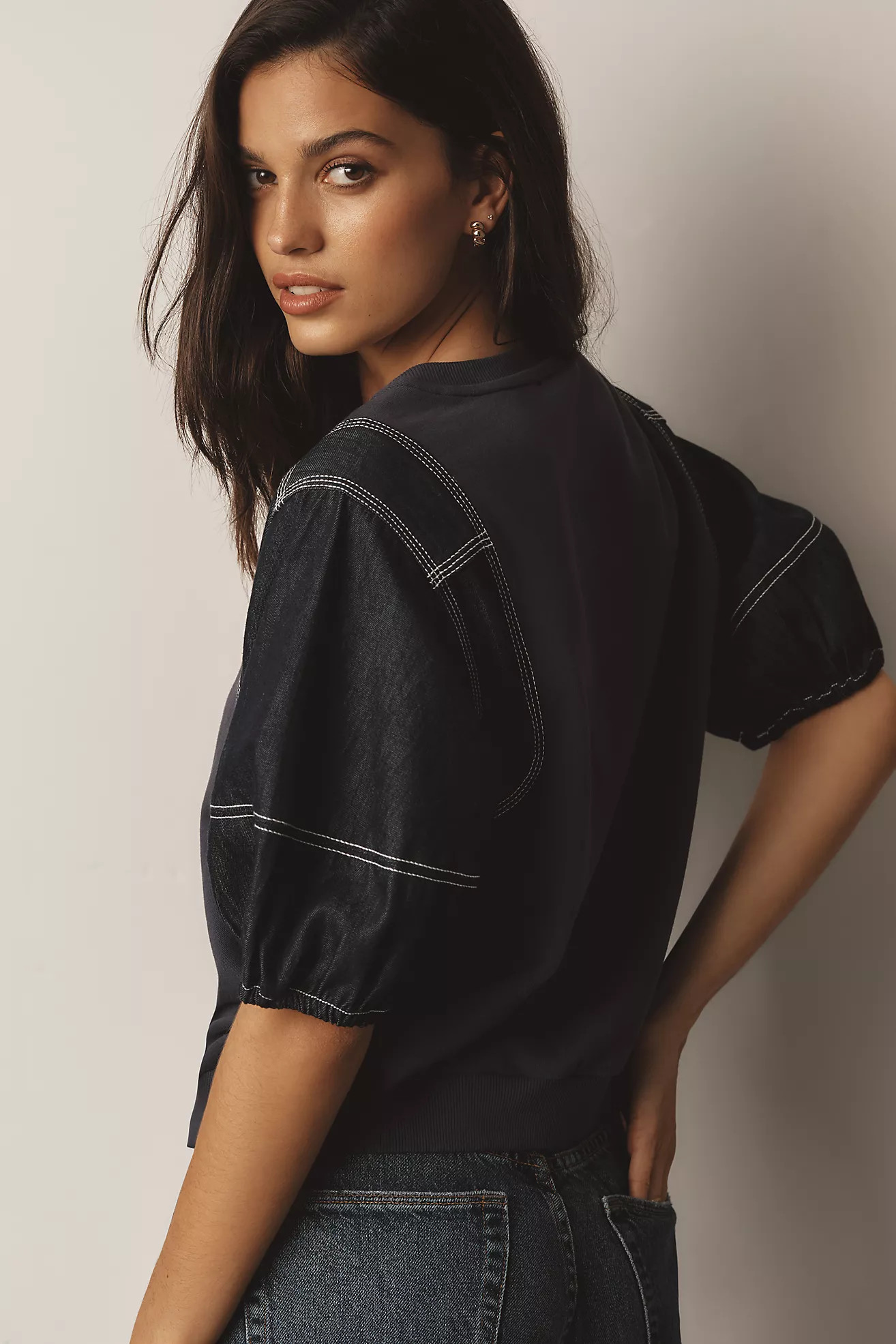 Pilcro Denim-Sleeve Twofer Sweatshirt | Anthropologie (US)