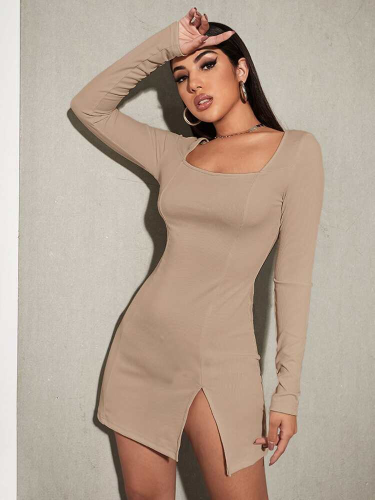 Square Neck Slit Hem Rib-knit Dress | SHEIN