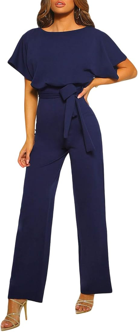 ASYOLY Jumpsuits for Women Casual Loose Batwing Sleeve Crewneck Rompers Long Pants Belted Wide Legs  | Amazon (US)