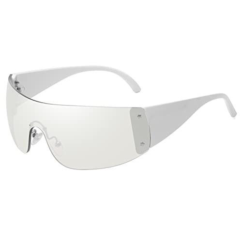 Fozono Trendy Rimless Star Y2K Sunglasses for Women Men Shield Oversized Wrap Around Frameless Sunglasses UV400 Protective White-Silver Coating | Amazon (US)
