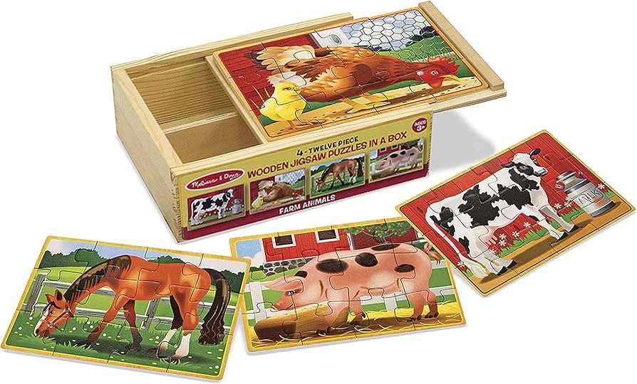 Melissa & Doug Farm 4-in-1 Wooden Jigsaw Puzzles in a Storage Box (48 pcs total), 12 | Amazon (US)