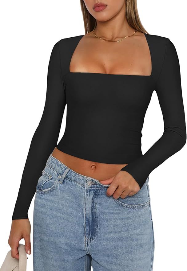 REORIA Women's Sexy Square Neck Long Sleeve Y2K Going Out T Shirt Crop Top | Amazon (US)