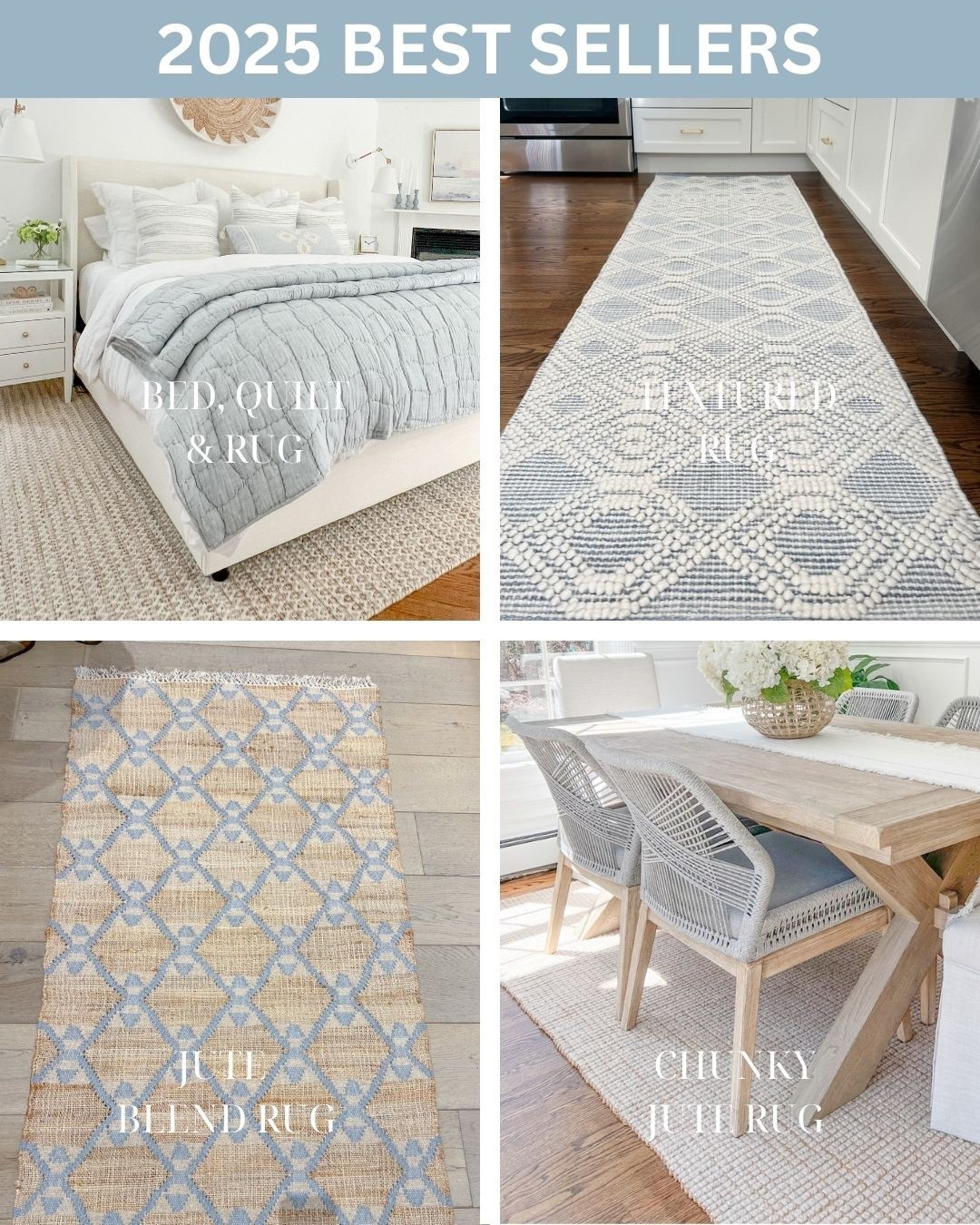 Your most shopped items in my home across all of 2025! Rugs definitely topped the list and I wouldn't hesitate to recommend any of these. The chunky jute rug in my dining room I've had for over 11 years now and it has held up beautifully!
-
coastal home decor, coastal style home, coastal home ideas, coastal bedroom decor, primary bedroom ideas, bedroom rugs, wayfair rugs, neutral rugs, 10x13 rugs, 9x12 rugs, 8x10 rugs, 5x8 rugs, 6x9 rugs, blue & white rugs, designer looks for less, serena & lily looks for less, ryder rug look for less, kitchen runners, dining room decor, dining room rugs, pottery barn rugs, serena & lily rugs, jute rugs, wool rugs, dining tables, toscana dining table, pottery barn dining table, rope dining chairs, coastal dining chairs, beach house decor, beach house rugs, beach house bedroom, upholstered beds, tilly bed, wayfair beds, king size beds, queen size beds, white beds, white nightstands, nightstands with shelf, wall baskets, blue quilts, coastal bedding, pottery barn bedding, linen duvet covers, white duvet covers, pottery barn duvet cover, fluffy beds, bed pillows, woven vases, dining table decor, white hydrangeas

#LTKHome #LTKSaleAlert