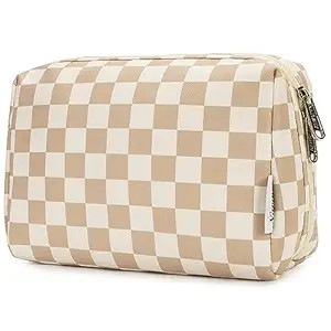Large Makeup Bag Zipper Pouch Travel Cosmetic Organizer for Women (Large, Light Checkerboard) | Amazon (US)