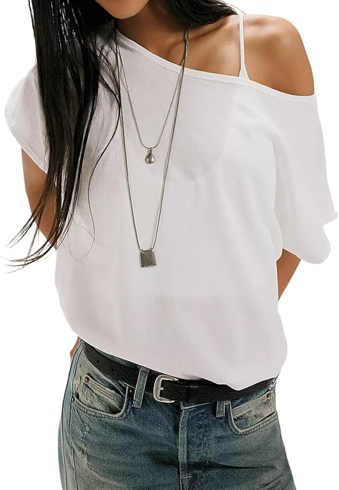 Womens Summer Wide Boat Neck Short Sleeve Drop Shoulder Loose Fit T Shirt Y2k Vintage Going Out C... | Amazon (US)