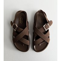 Women's Brown Faux Brushed Leather Multi Strap Chunky Flat Sandals Vegan New Look | New Look (UK)