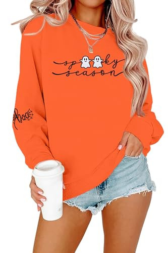 SFHFY Spooky Season Embroidered Sweatshirt Women: Halloween Sweatshirts Boo Graphic Pullover Fall Long Sleeve Top Orange | Amazon (US)