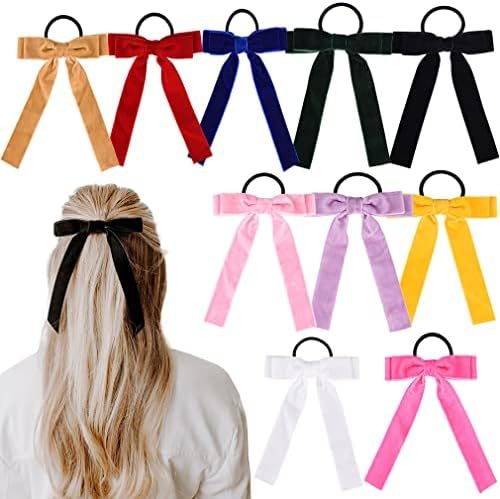 10Pcs Bow Hair Tie Velvet Elastics Hair Scrunchie Bobbles Hair Bands Scrunchy Hair Rope Long Hair Bo | Amazon (US)