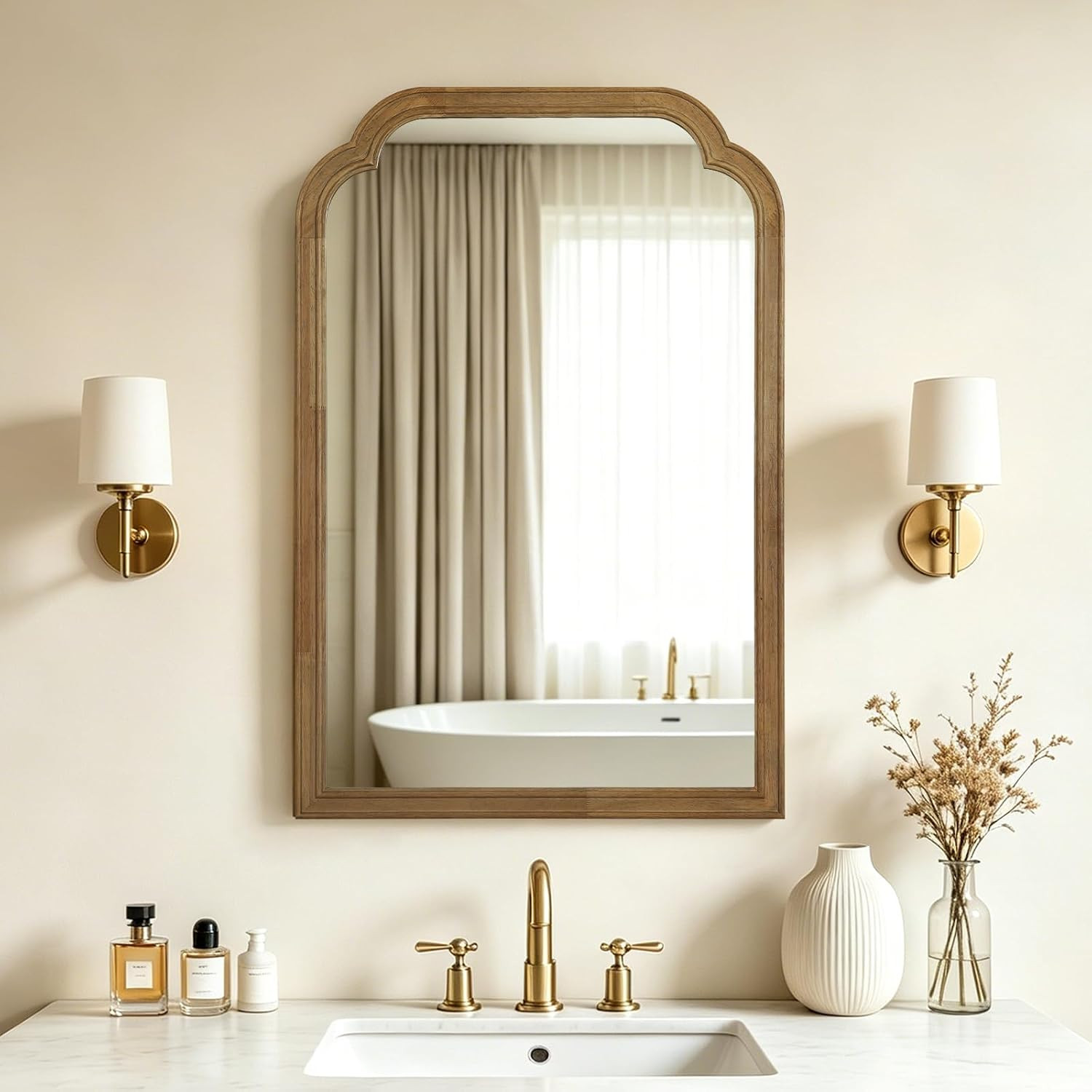 Wood Bathroom Mirrors for Wall Mounted, Rustic Solid Wood Frame Wall Mirrors Decorative for Living Room, Entryway, Bedroom Vanity, Arch Scalloped Farmhouse Mirror(20" x 30",Natural) | Amazon (US)