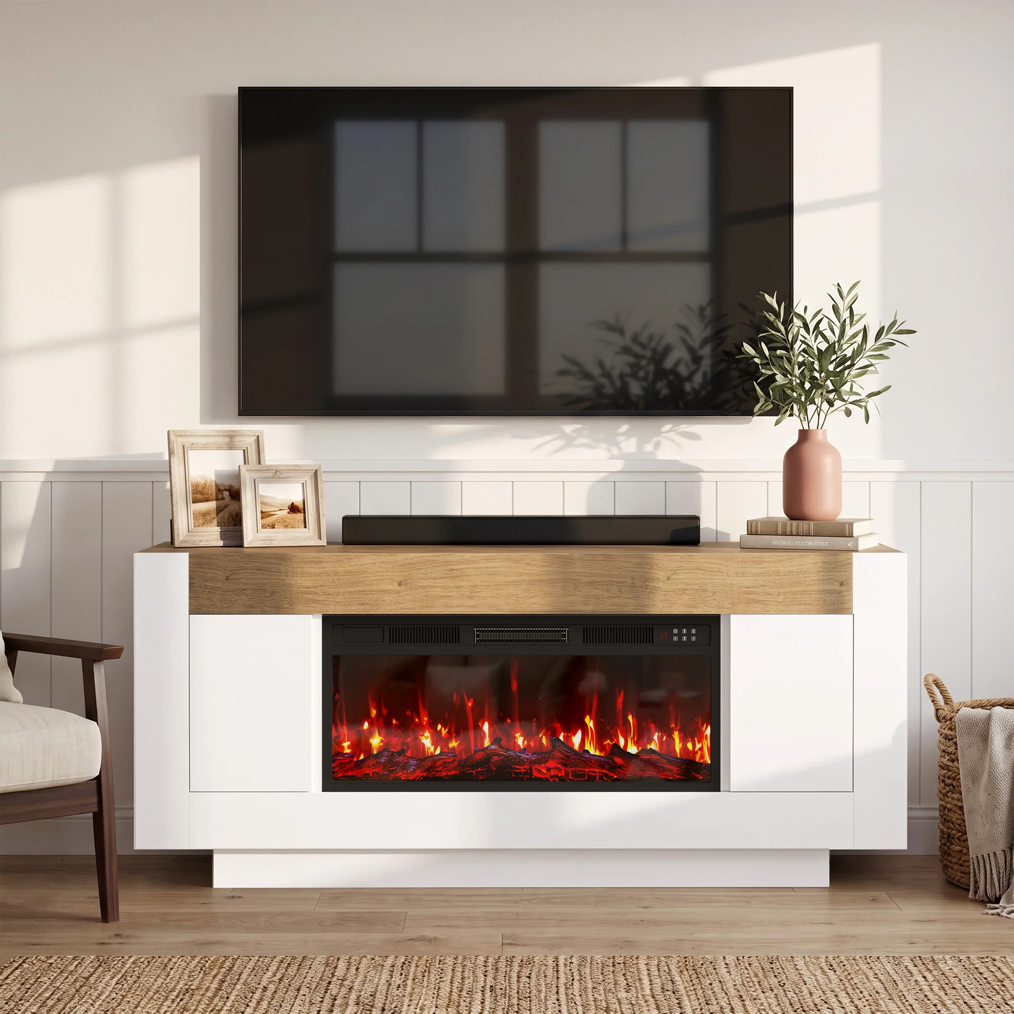 70" Block-Style TV Console Accommodates TVs Up to 80", Modern Living Room Entertainment Center with 36" Electric Fireplace, Wood-Grain Tabletop and Si | Wayfair North America
