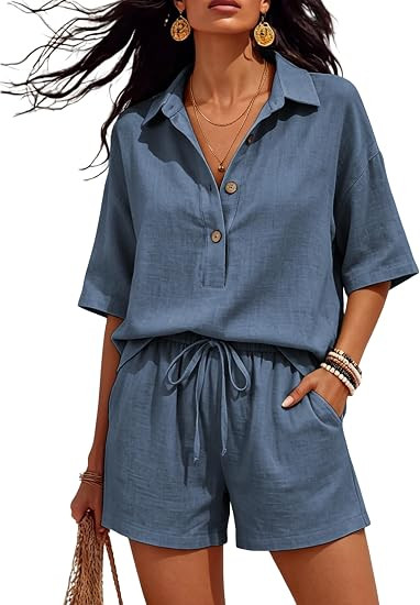 APAFES Women's 2 Piece Linen Set Summer Casual Button Down Shirt Matching Short Sets Lounge Beach... | Amazon (US)