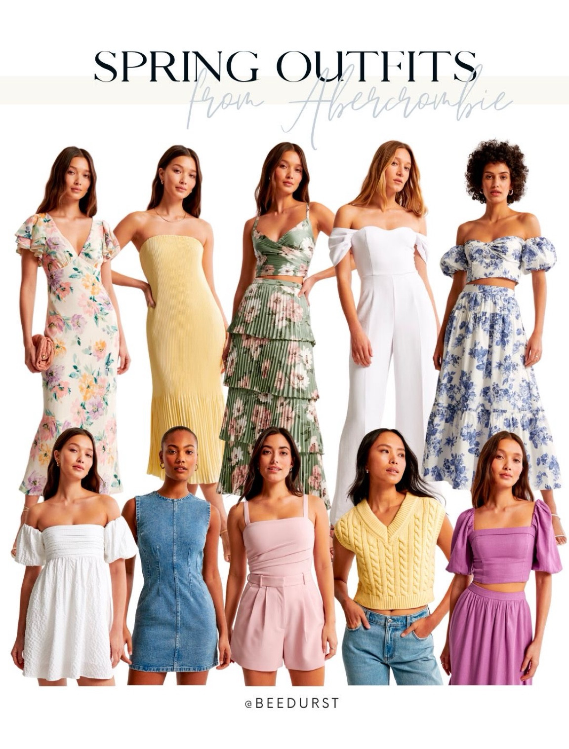 Spring outfit from Abercrombie, Abercrombie spring outfit, spring dresses, Easter dress, date night outfit, vacation outfit, resort wear, bridal wear, bride outfit, white jumpsuit, floral dress, yellow dress, two piece dress, off the shoulder top, sweater vest, denim mini dress, tiered skirt, midi dresss

#LTKfindsunder100 #LTKstyletip #LTKSeasonal