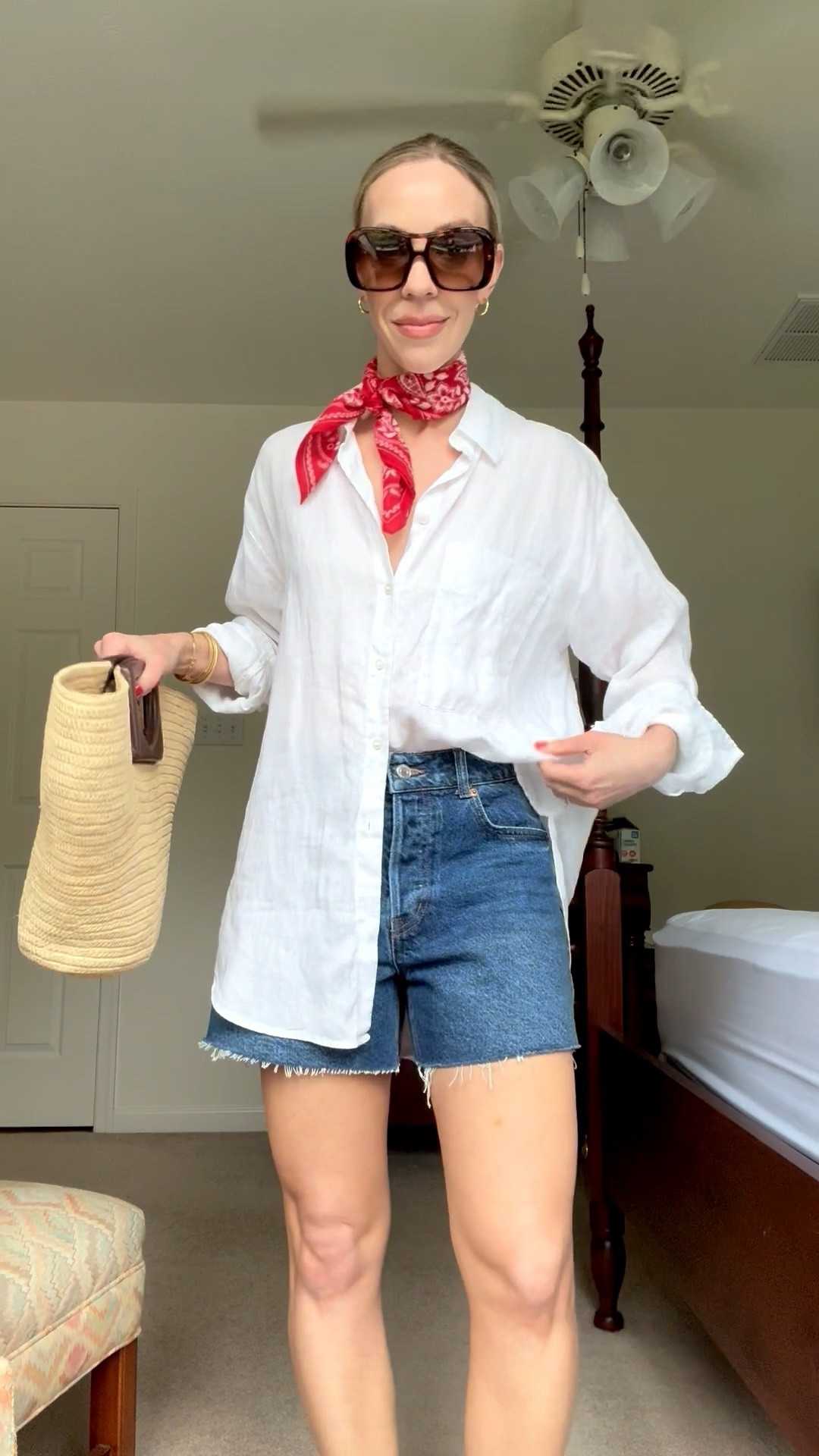 Fourth of July outfit, white linen shirt, red bandana scarf, dark denim shorts, Le Tanneur straw tote bag

#LTKSeasonal #LTKSaleAlert #LTKOver40