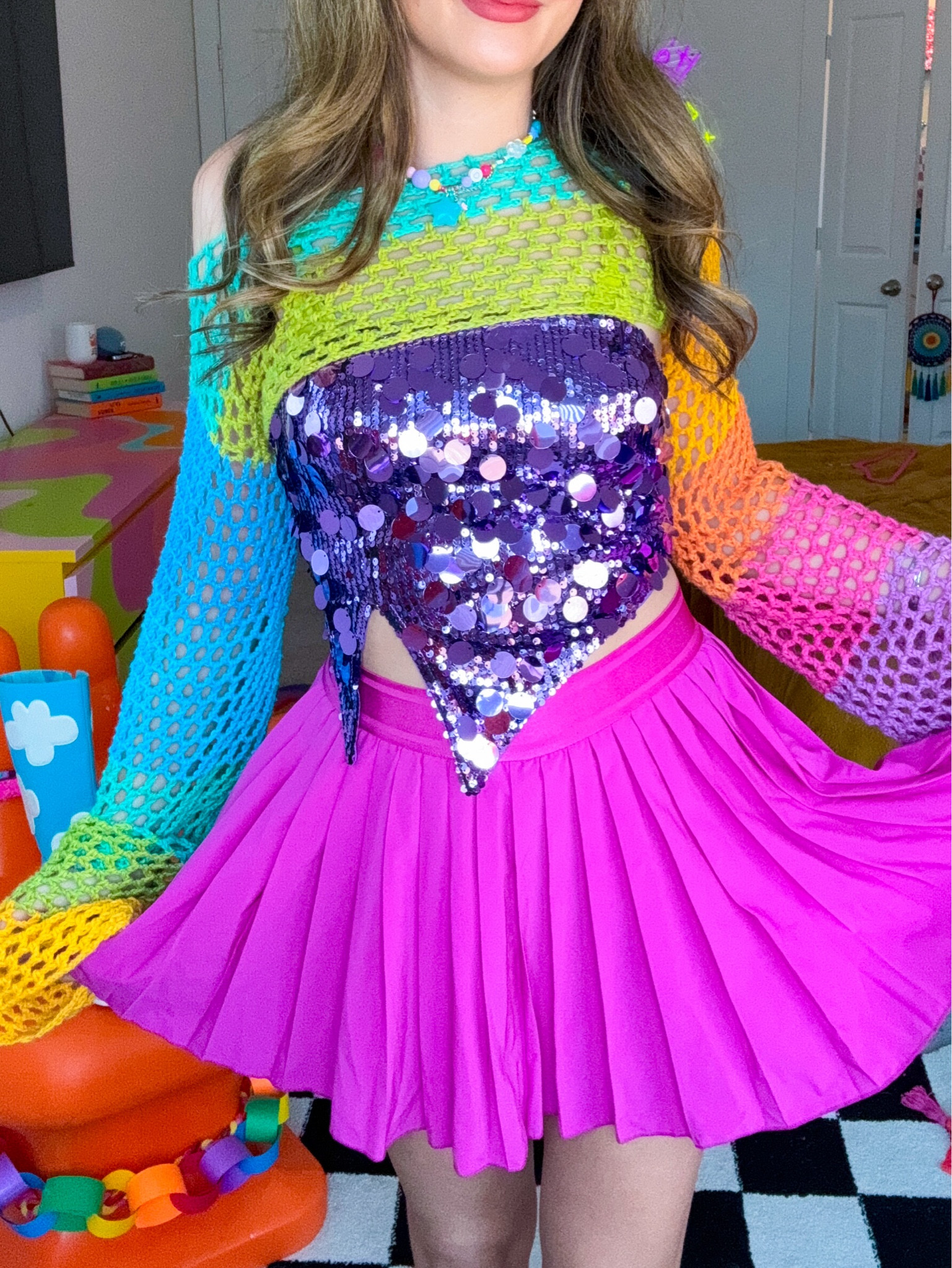 RAINBOWS + SPARKLES + MAGICAL HALF SWEATER = PERFECT OUTFIT!!🌈✨💜 Love styling this skirt with so many pieces!!🤩 I’m 5’7 and wearing a size medium in this skort- I am normally a small so size up!