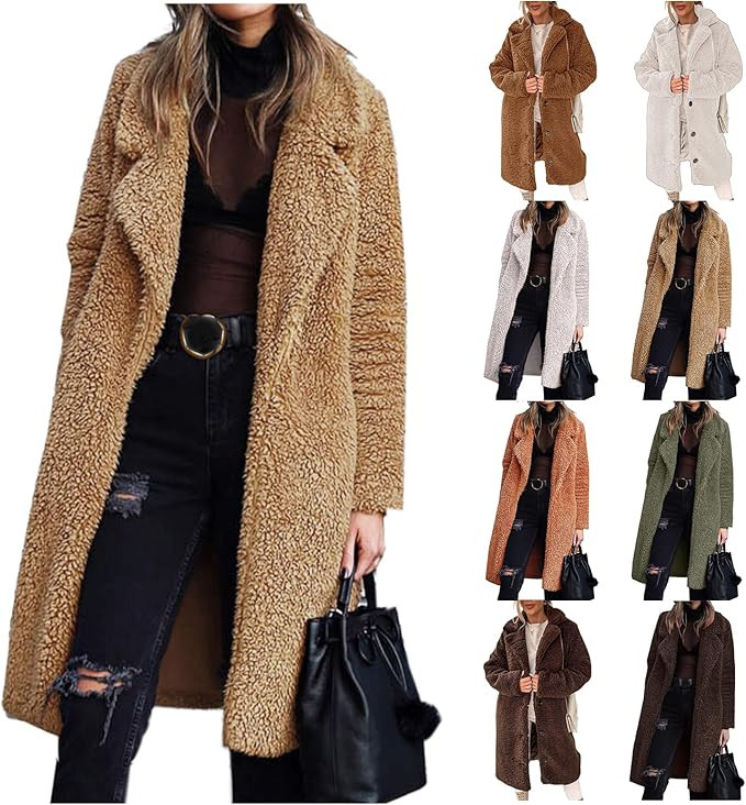 Long Cardigans for Women Fuzzy Fleece Lapel Open Front Sherpa Jacket Winter Warm Solid Color Faux... | Amazon (US)