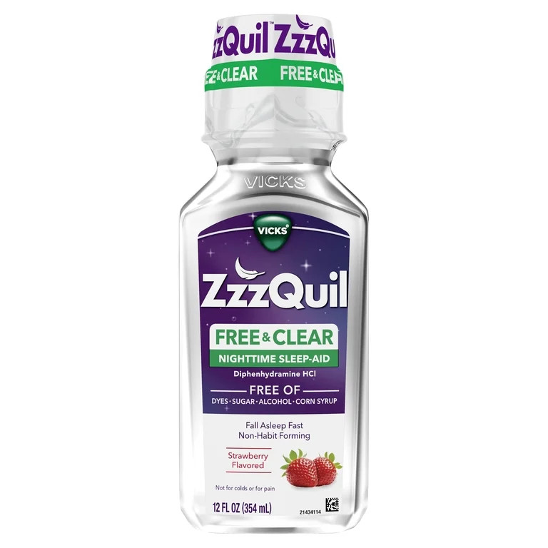 ZzzQuil Liquid Sleep Aid, FREE & CLEAR, Strawberry Flavored, 12 fl oz | Walmart (US)