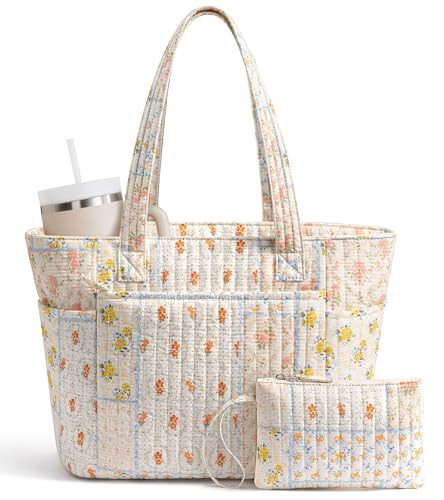 Amazon.com | Bagstellar Puffer Tote Bag for Women, Quilted Cotton Laptop Work Tote Shoulder Bag f... | Amazon (US)
