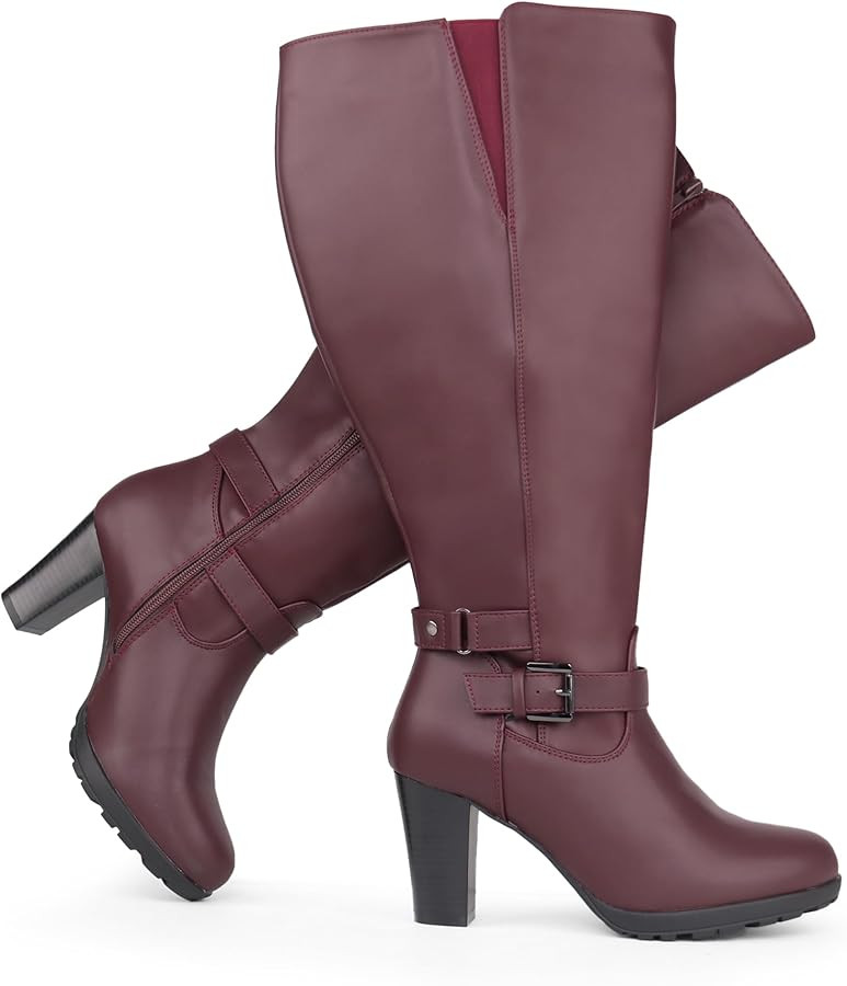 Women's Plus Size Extra Wide Calf High Heel Dress Boots with Ankle Buckle | Amazon (US)