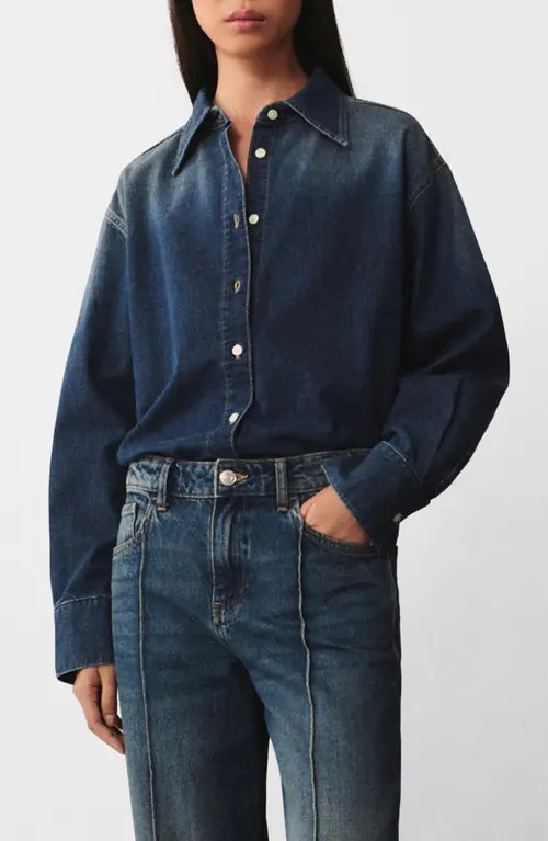 MANGO Oversize Denim Button-Up Shirt in Dark Blue at Nordstrom, Size 4 | Nordstrom