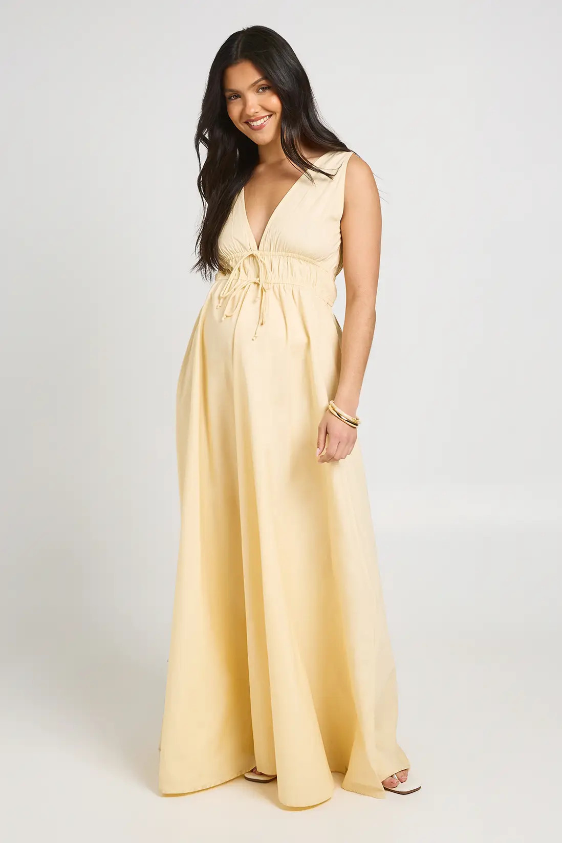 Lemon Maternity Deep V Front Tie  Maxi Skater Dress | Boohoo USA | boohoo (US & Canada)