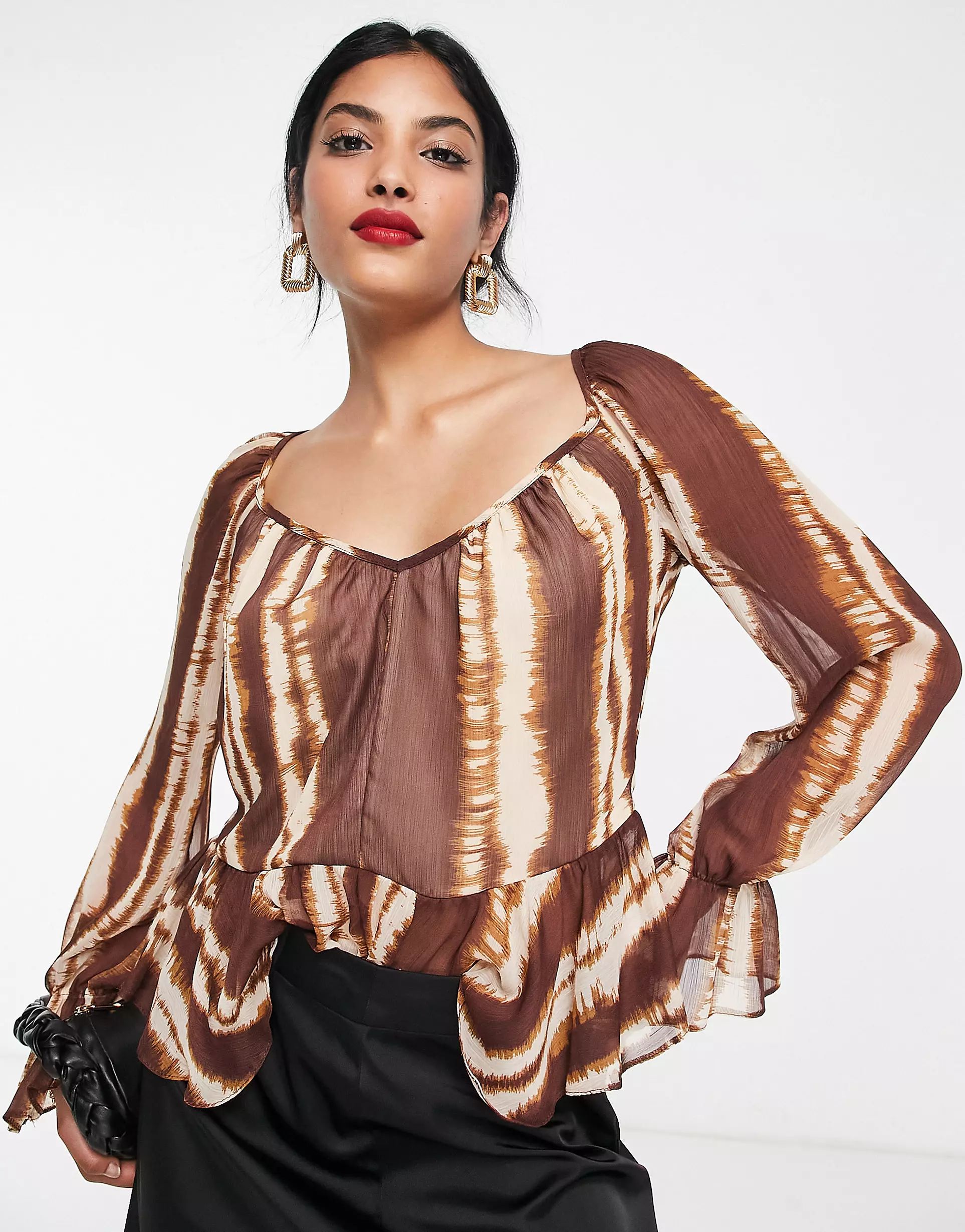 River Island chiffon peplum top in brown | ASOS (Global)