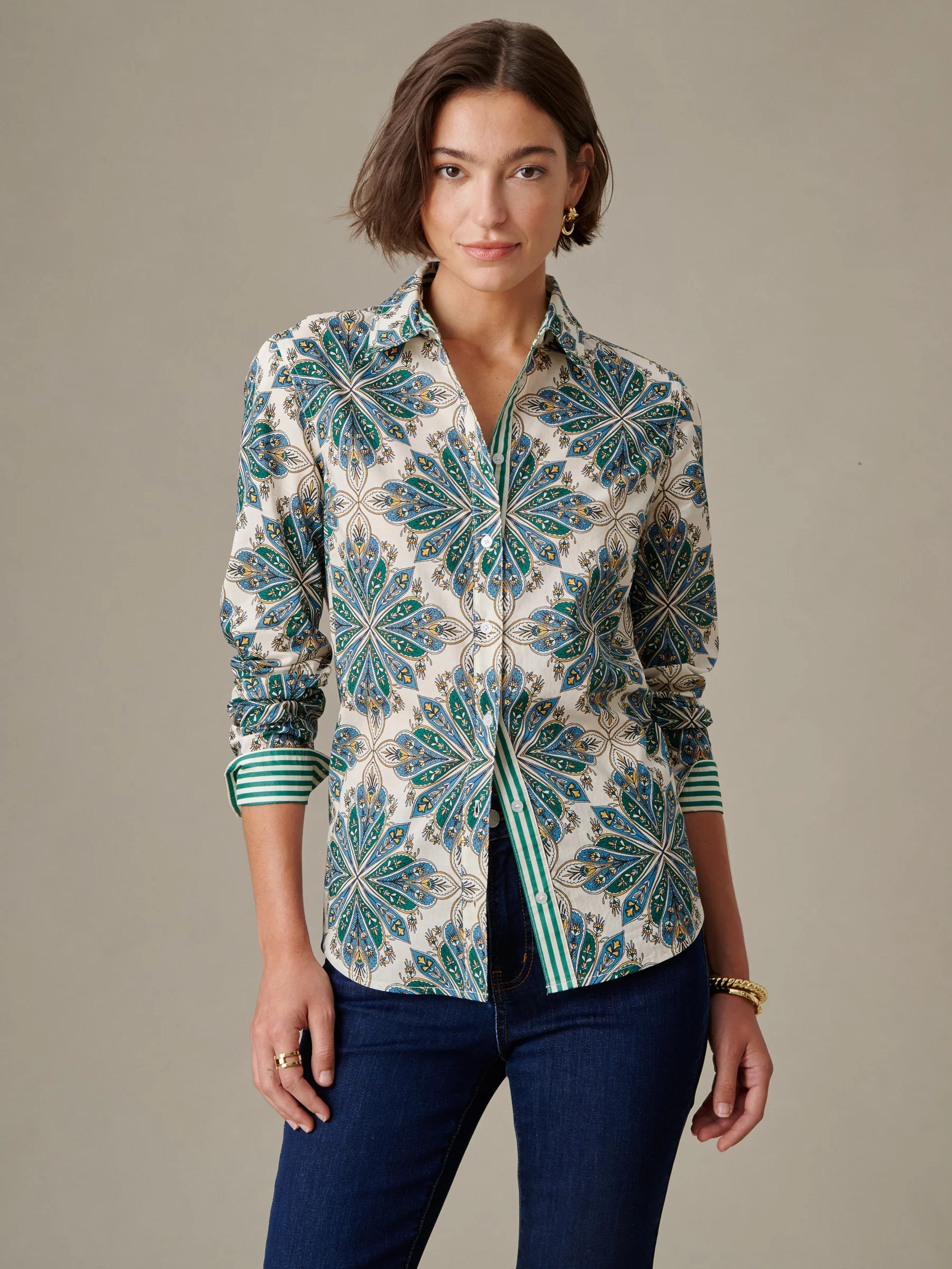 Off_White/Green Neo Radiant Stripe Lois Shirt | Women's Tops | J.McLaughlin | J.McLaughlin