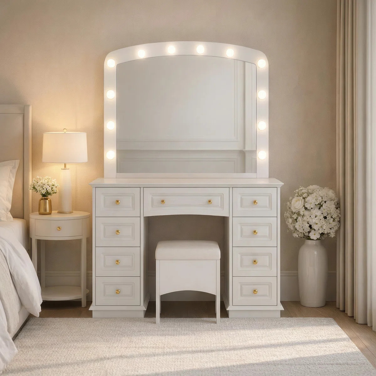 Luxurious Makeup Vanity with Hollywood Lights, 3 Color Modes, Cushioned Stool & 9 Drawers | Wayfair North America