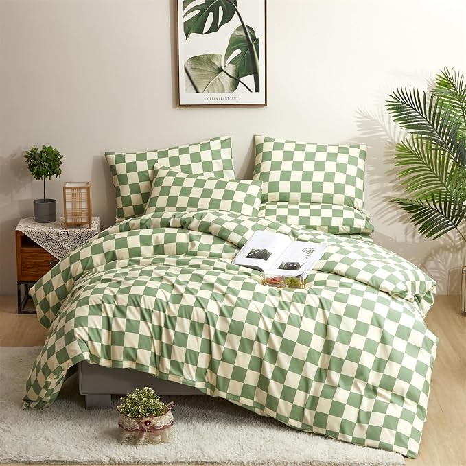 CLOTHKNOW Green White Plaid Twin/Twin XL Comforter Set 3Pcs Grid Bedding Comforter Sets Buffalo C... | Amazon (US)