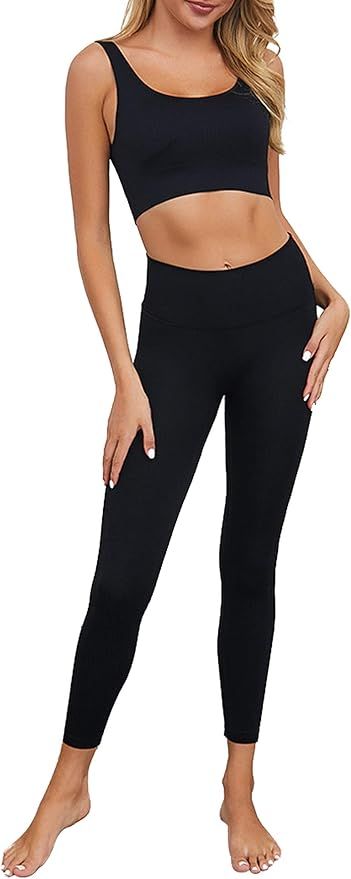 OLCHEE Women's 2 Piece Tracksuit Workout Outfits - Seamless High Waist Leggings and Stretch Sport... | Amazon (US)