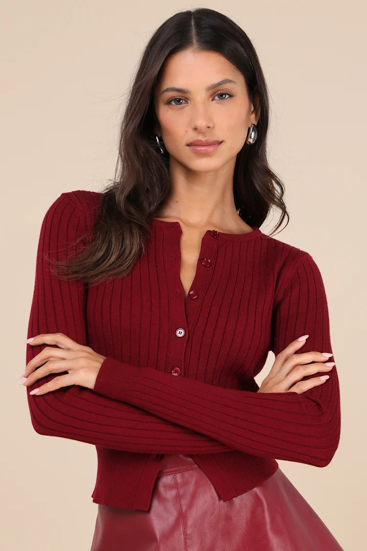 Perfect Classic Burgundy Ribbed Knit Cardigan Sweater | Lulus