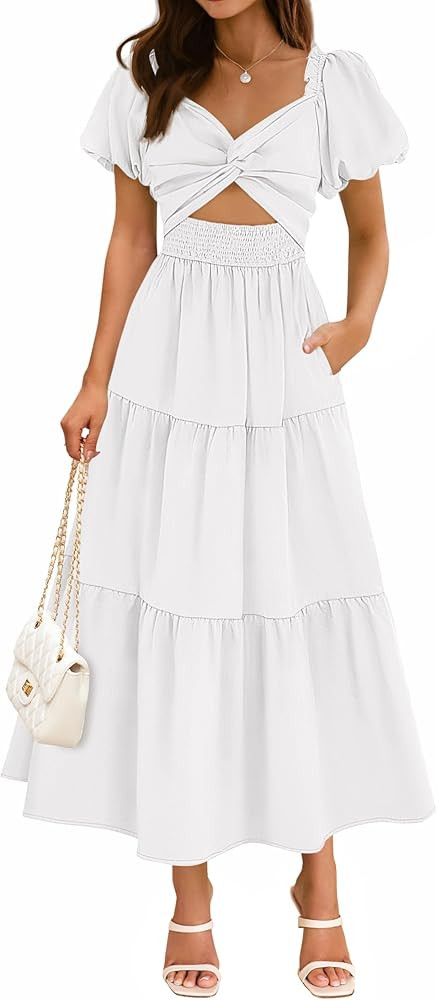 ZESICA Women's 2025 Boho Smocked Vacation Dress Short Puff Sleeve Twist Knot Cutout Flowy A Line Beach Party Dresses | Amazon (US)
