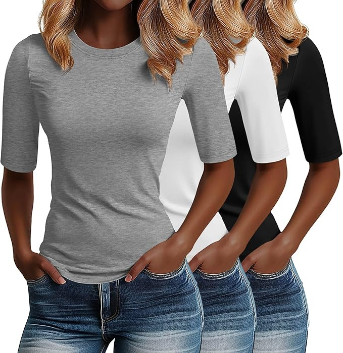 Riyiper 3 Pack Women's 1/2 Sleeve Tops Half Length Sleeve Cotton Crewneck T Shirts Slim Fit Casua... | Amazon (US)