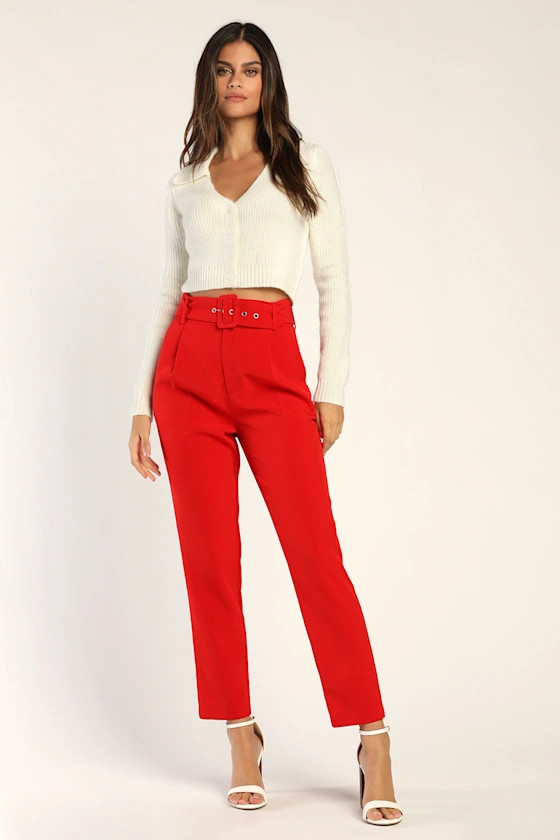Striding Style Red Belted High-Waisted Tapered Trouser Pants | Lulus (US)