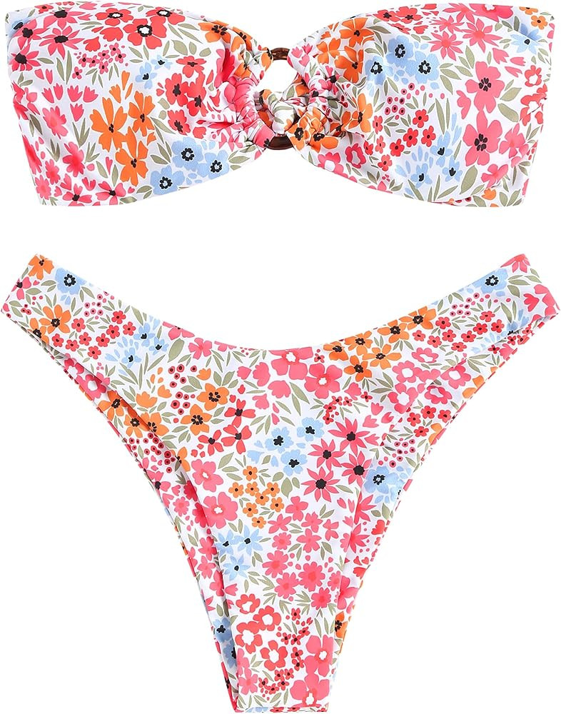 ZAFUL Women's Bandeau Bikini O Ring Strapless Tie Back High Cut Two Piece Swimsuit Bathing Suits | Amazon (US)