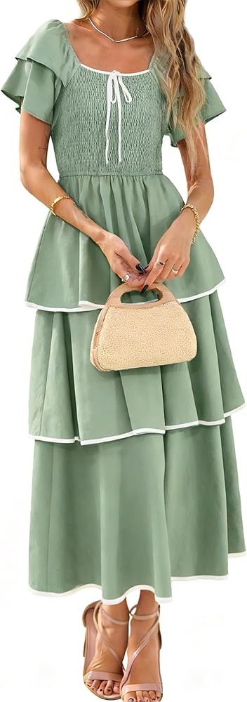BerryGo Womens Summer Flowy Wedding Guest Maxi Dress Smocked Tiered Boho Casual Short Sleeve Squa... | Amazon (US)