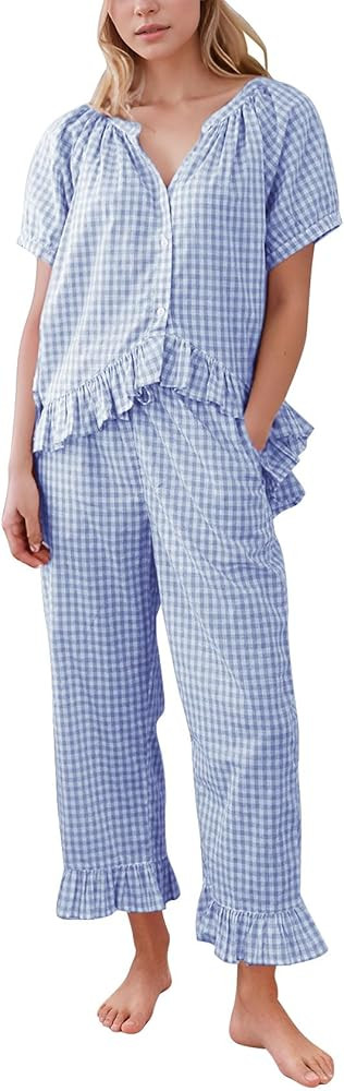 PEHMEA Womens Plaid 2 Piece Cotton Gingham Pajama Sets Short Sleeve Babydoll Shirt Ruffle Pants Y... | Amazon (US)
