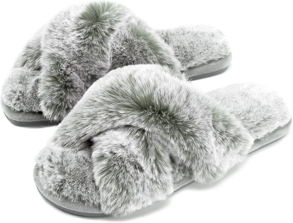 Cozyfurry Women's Fuzzy Slippers Cross Band Soft Plush Cozy House Shoes Furry Open Toe Indoor or ... | Amazon (US)