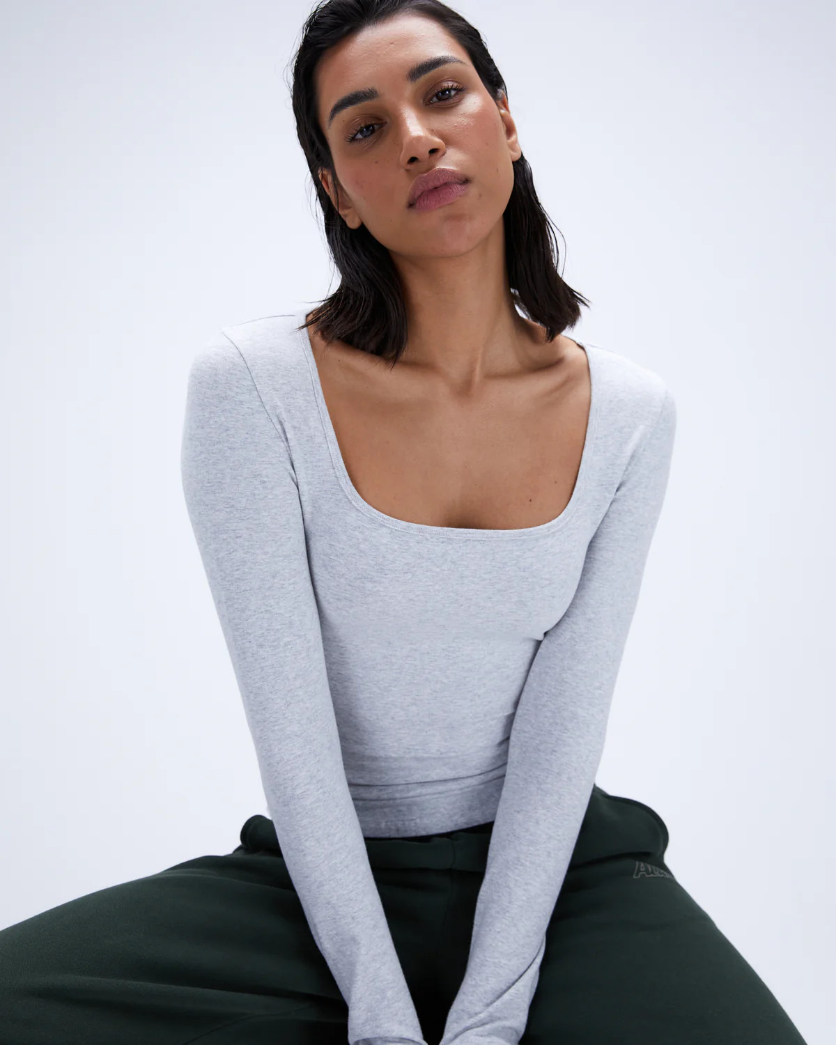 Cotton Long Sleeve Square Neck Top - Grey Melange | Adanola UK