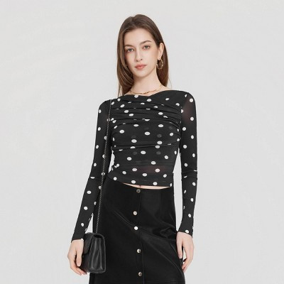 Women's Long Sleeve Off the Shoulder Wrap Top - A New Day™ Black Polka Dots S | Target