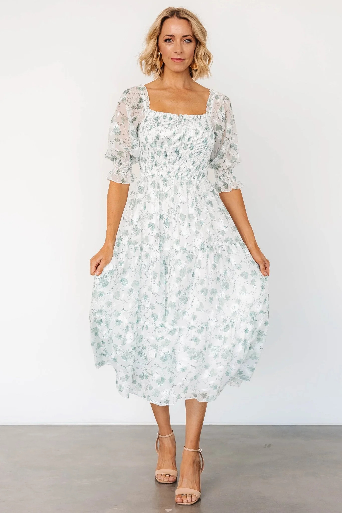 Fabian Jacquard Midi Dress | Off White + Sage Floral | Baltic Born