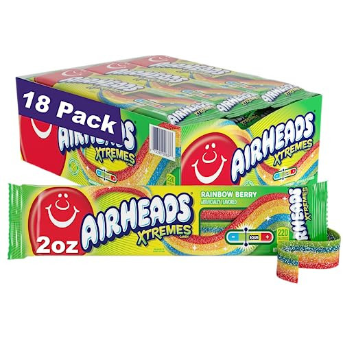 Airheads Xtremes Belts Holiday Candy, Chewy Candy Package, Christmas Stocking Stuffers for Adults & Kids, Rainbow Berry Fruit Flavor Artificially Flavored, 2 Ounces (18-Pack) | Amazon (US)