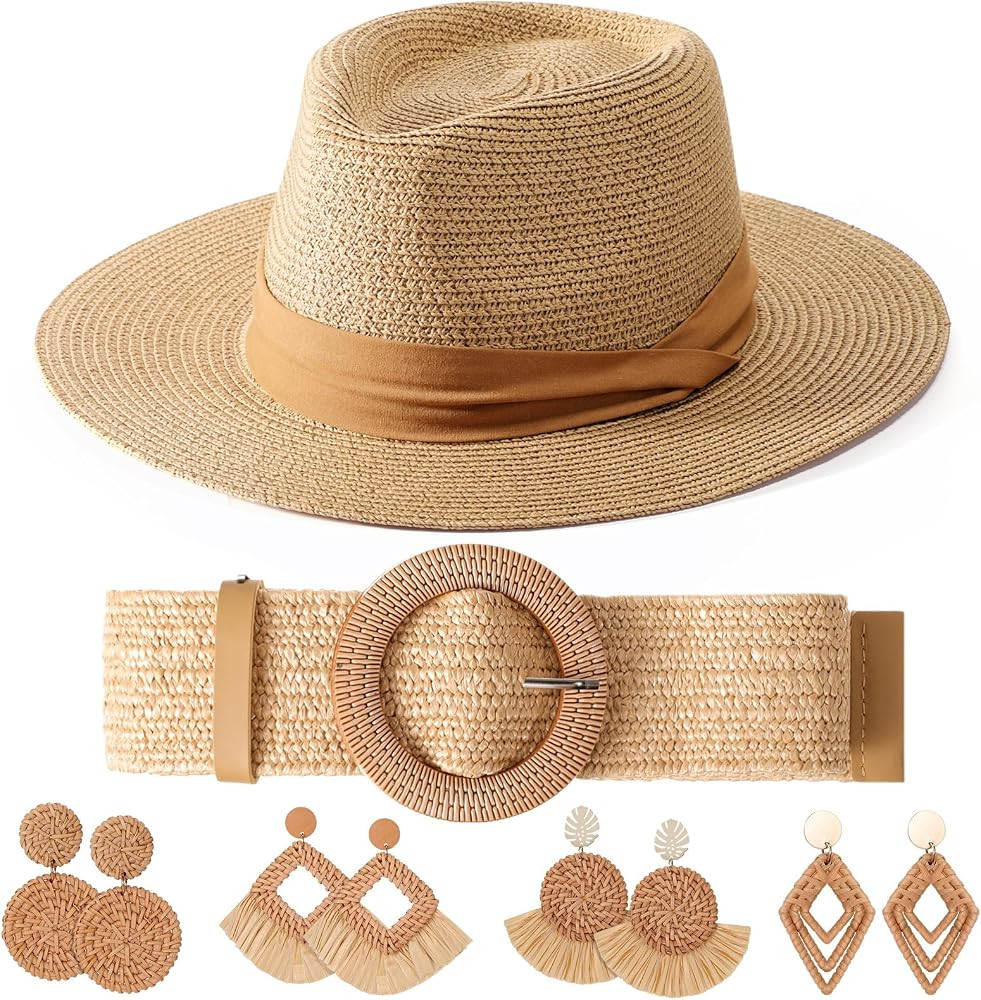 6 Pcs Sun Protection Outfit Wide Brim Straw Hat Straw Woven Elastic Stretch Waist Rattan Earring ... | Amazon (US)