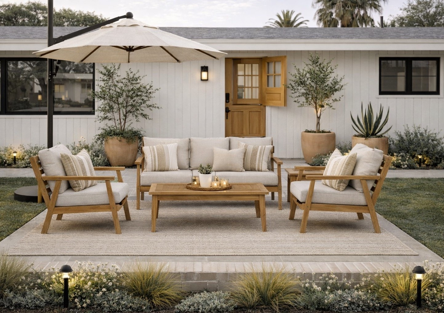 Patio redo incoming 🤍 Sharing all the details soon — neutral outdoor furniture, wood conversation set, layered outdoor rug, patio umbrella, and my favorite oversized planters for a calm backyard or any outdoor living space. 

#LTKHome #LTKmomlife #LTKSaleAlert