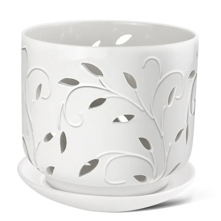 BUYMAX orchid pot, 7 inch ceramic planter with drainage holes and tray, white indoor/outdoor flow... | Walmart (US)