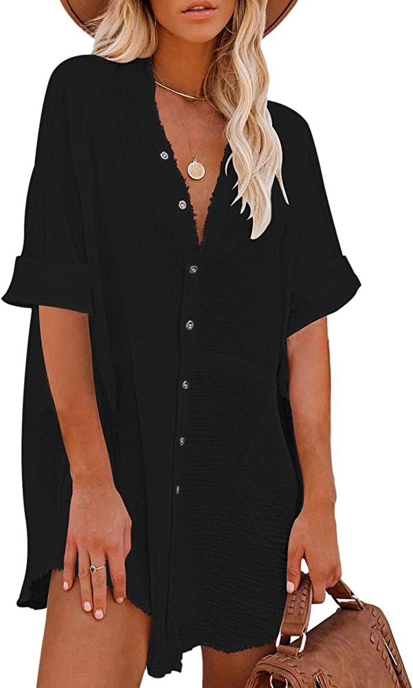 Meenew Women's Button Down Shirt Dress Casual Loose Long Sleeve Tunic Tops | Amazon (US)