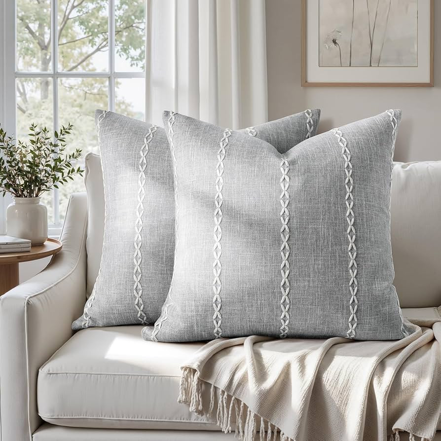 HOMEIDEAS Farmhouse Decorative Throw Pillow Covers 20x20 Set of 2, Grey Striped Pillow Covers, Fa... | Amazon (US)