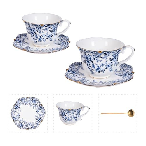 POWDONUNT Vintage Floral Porcelain Tea Cup and Saucer Set with Spoon, Gold Trim, 6.4 oz – Set of 2, Blue – Tea & Espresso & Coffee Cups (2, China Flower) | Amazon (US)