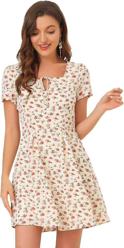 Allegra K Women's Printed Casual Square Neck Short Sleeve Fit and Flare Dress | Amazon (US)