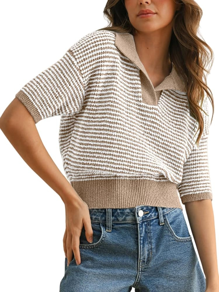 Womens Striped Cropped Sweater Short Puff Sleeve Fall Sweaters V Neck Tops Knit Casual Pullover S... | Amazon (US)